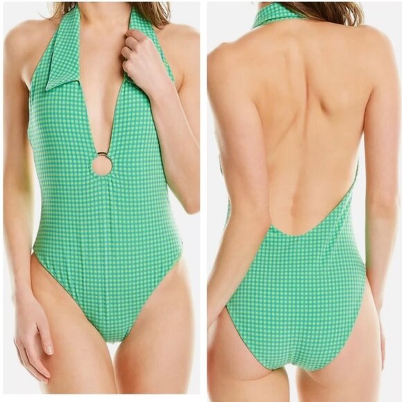 WeWoreWhat Neon Green Gingham Racerback One-Piece Swimsuit • M • NWT - Picture 1 of 8